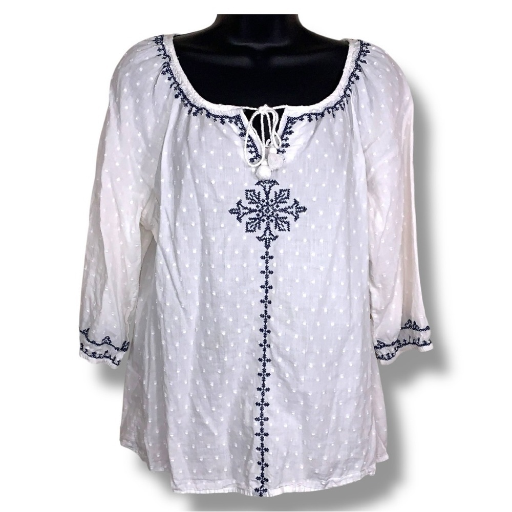 Petite Large Studio Works White Navy Blue Peasant Top Boho Cotton Textured